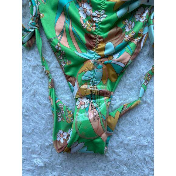 P2F Green Retro Floral Ruched String Tie Bikini Bottoms Size Small - Picture 3 of 7